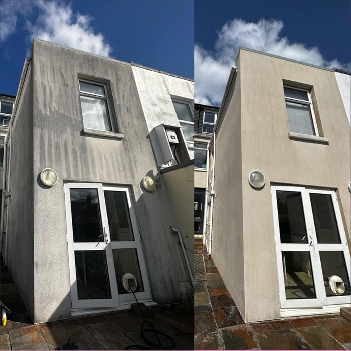 Before and after cladding cleaning on a residential building in Bristol