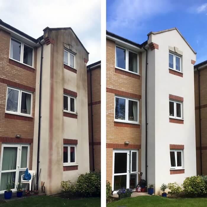 Before and after exterior wall cleaning on a residential property