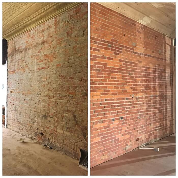 Before and after brick cleaning results on exterior brick wall in Bristol