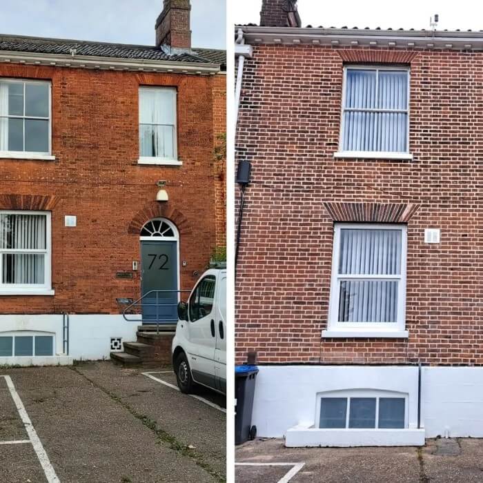 House brick facade before and after cleaning
